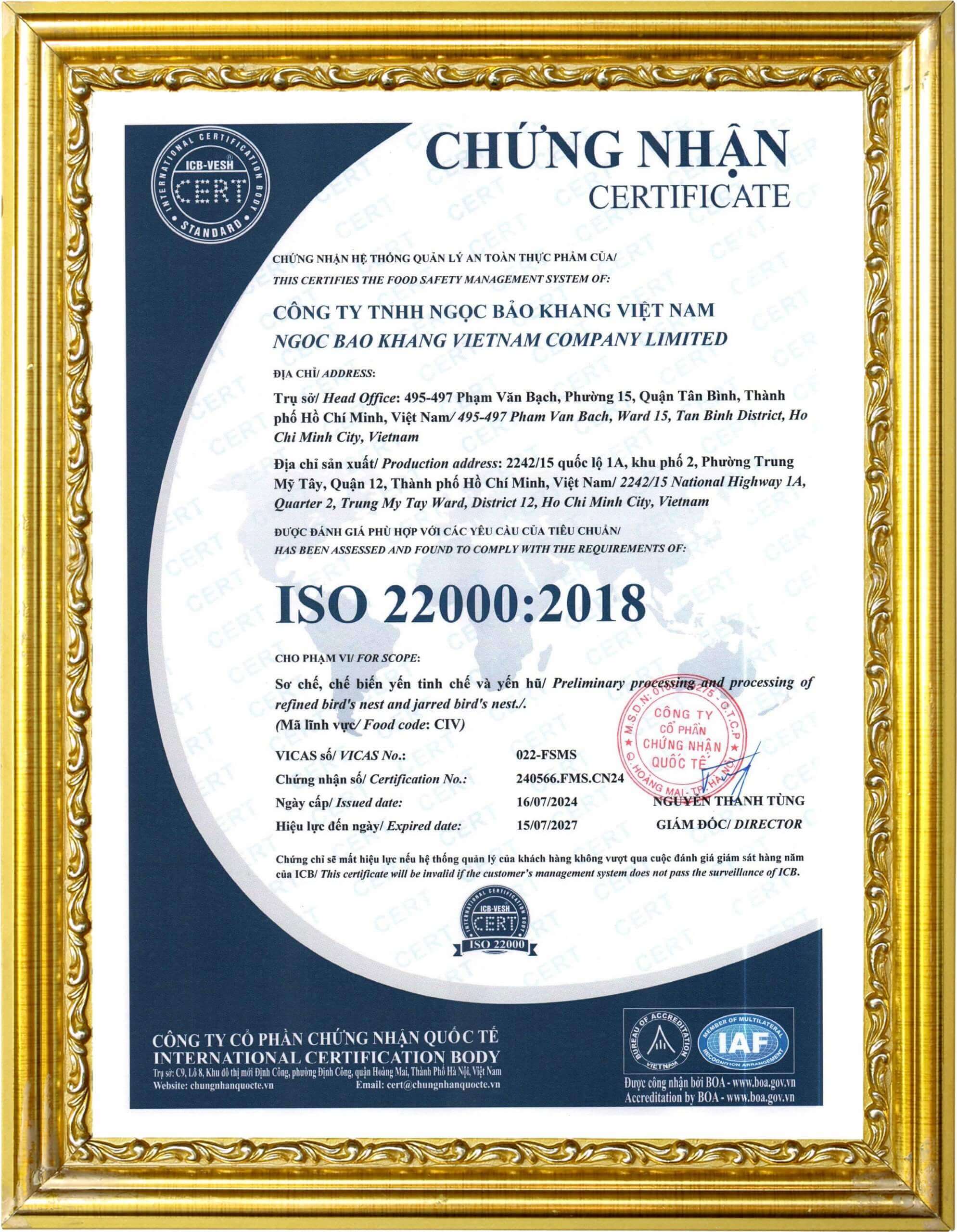 Giấy chứng nhận quản lý quốc tế ISO 22000 